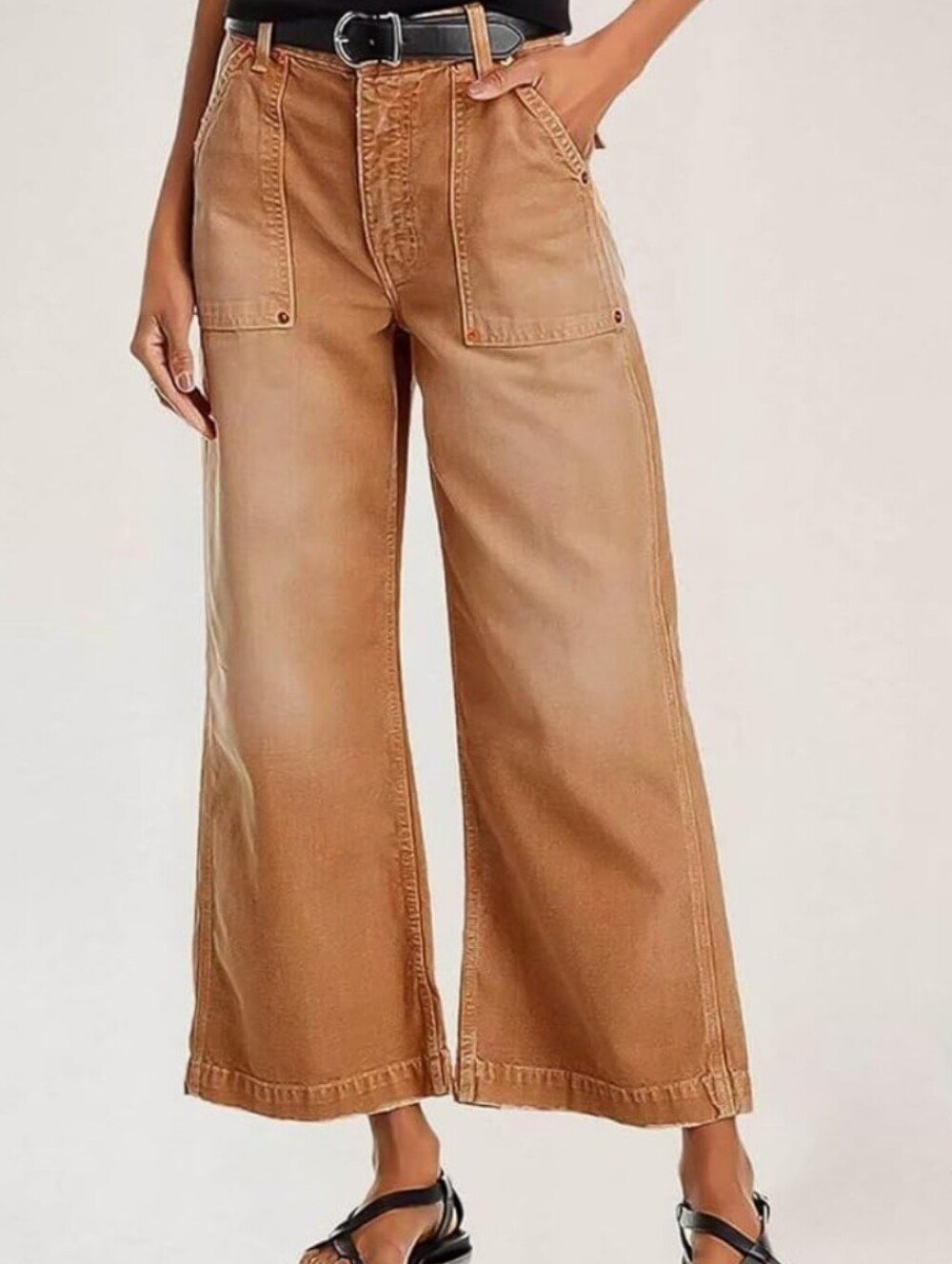 Flamingals Midwaist Wide Leg Cropped Pants Raw Hem NWT Women's Large - Picture 1 of 10
